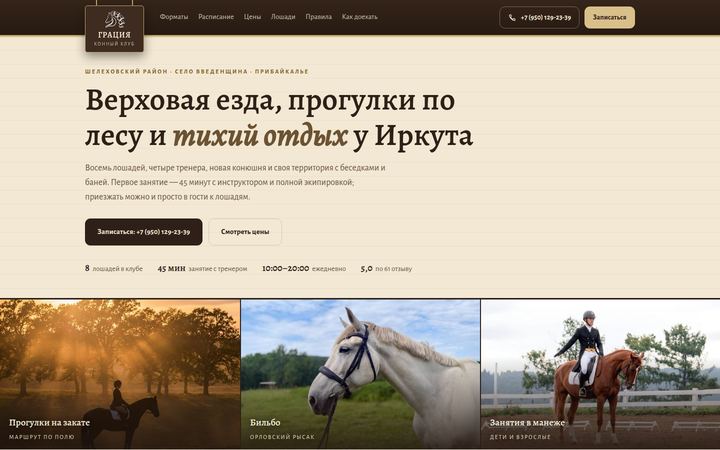 Концепт главной страницы: конный клуб, Иркутская область