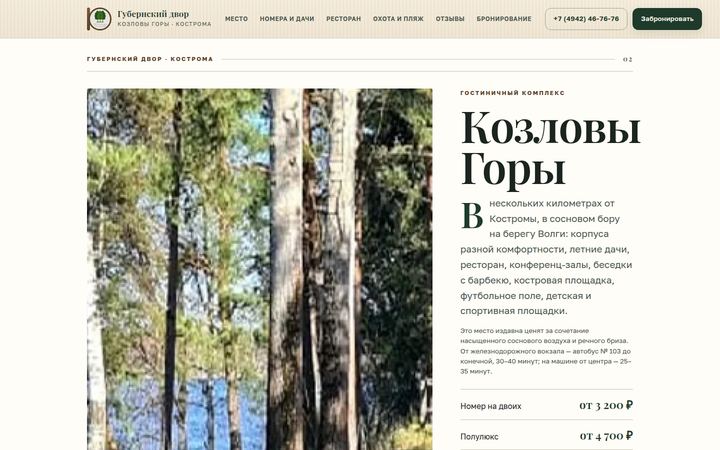 Концепт главной страницы: гостиничный комплекс, Кострома