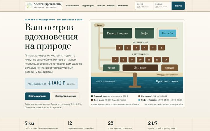 Концепт главной страницы: экоотель на волге, Кострома